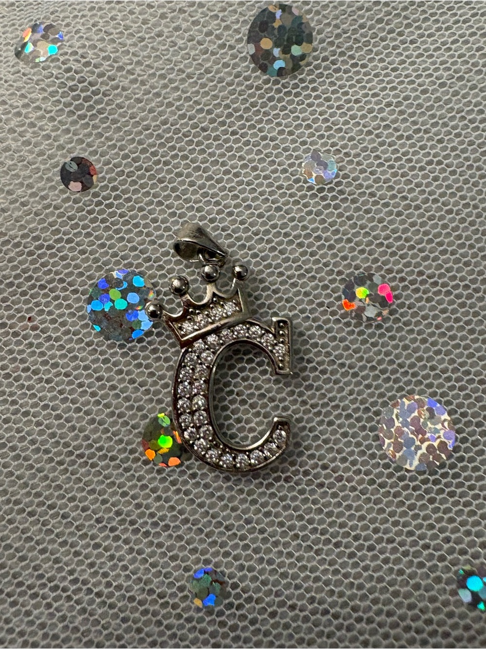 Crystal-Embellished 'C' Crown Pendant Charm - Silver